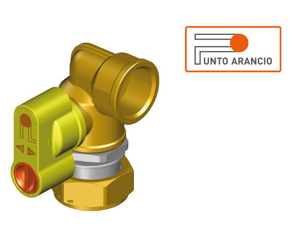 Valvole filettate con dado girevole per contatore gas bitubo e con presa di pressione Punto Arancio® G2 Punto Arancio® versione 90° destra con dado girevole