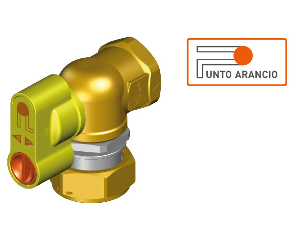 Valvole filettate con dado girevole per contatore gas bitubo e con presa di pressione Punto Arancio® G2 Punto Arancio® versione 90° frontale con dado girevole