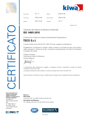Certificato del Sistema di Gestione Ambientale ISO 14001:2015
