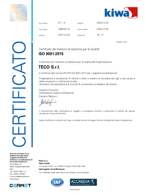 Certificato del Sistema di Gestione per la Qualità ISO 9001:2015